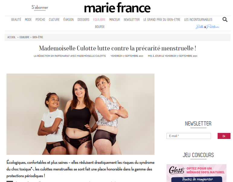 Le magazine Marie France parle de Mademoiselle Culotte